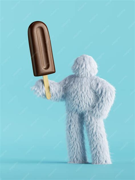 Premium Photo 3d Render White Hairy Yeti Furry Bigfoot Toy Holds Chocolate Icecream