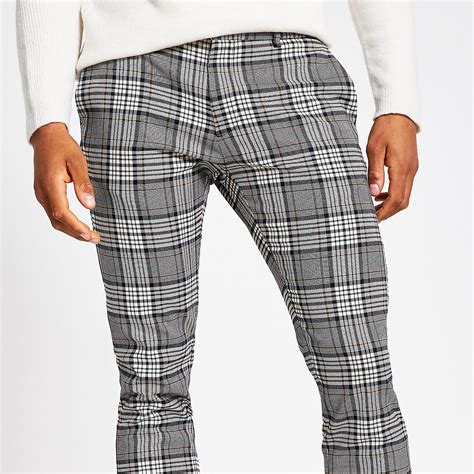 Grey Plaid Check Super Skinny Smart Pants Smart Pants Pants Men