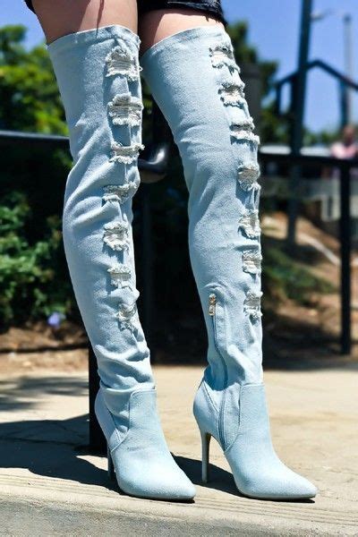 Light Ripped Denim Over The Knee Boots Kamishade Boots Over The Knee Boots Ripped Denim