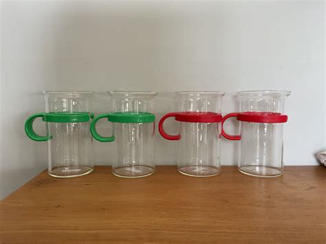 Vintage Set Of Bodum Mugs 4 Tall Glass And Plastic Tea Coffee Cups