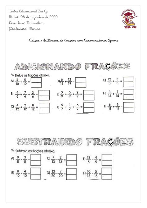 Exercícios De Adição E Subtração De Frações