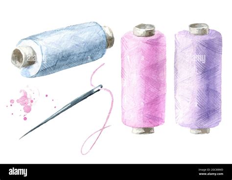 Spool Of Thread And Needle Set Watercolor Hand Drawn Illustration