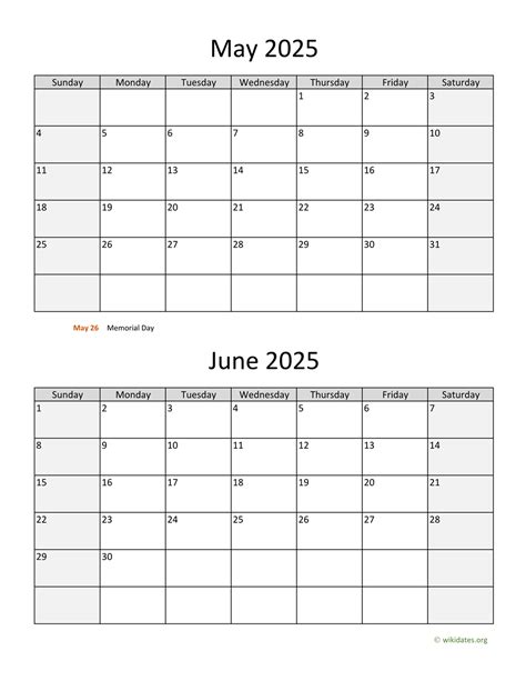 June 2025 - May 2025 Calendar
