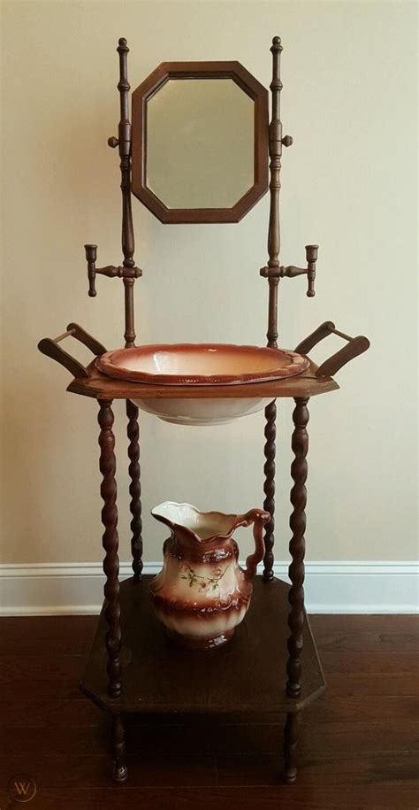 Antique Vintage Wood Wash Basin Stand W Mirror Candle Holders Bowl