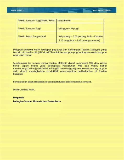 Nomor 17 tahun 2007 dan lampiran.pdf ( 234.97 kb ) surat pekeliling perkhidmatan kementerian pelajaran bil.6 tahun 2005.pdf ( 435.67 kb ) kadar cuti rehat tahunan pegawai perkhidmatan. Kesatuan Pekerja-Pekerja Tourism Malaysia: Pematuhan Waktu ...