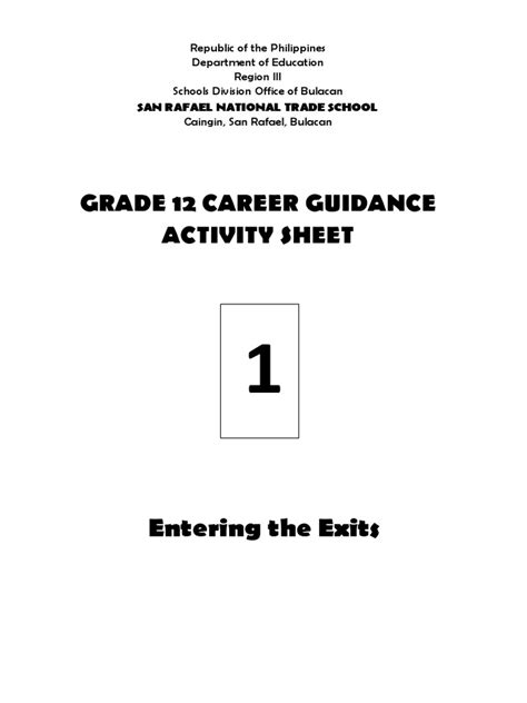 Grade 12 Career Guidance Activity Sheet Entering The Exits Pdf