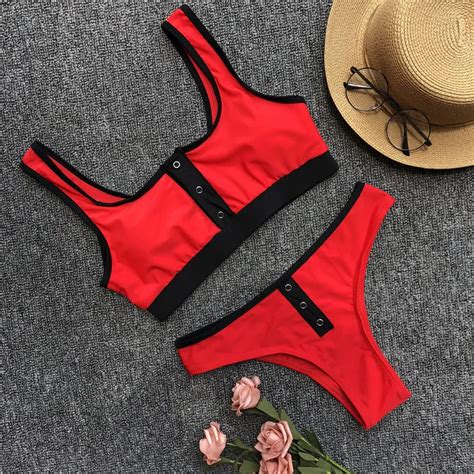 Buy Sexy Solid Patchwork Split Bikini 2018 Push Up Bikinis Set Red Swimsuit