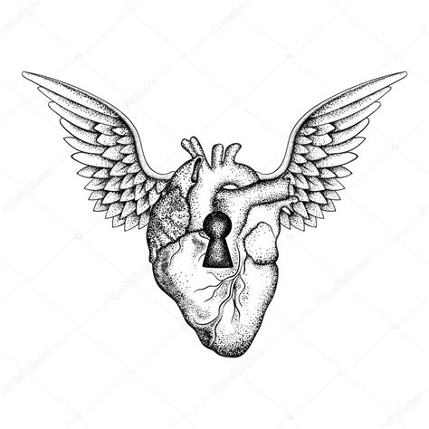 Hand Drawn Elegant Anatomic Human Heart With Wings And Keyhole Stock