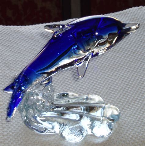 Pottery And Glass Art Sommerso Crystal Blue Dolphin Statuette Murano
