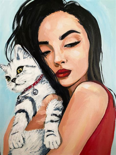 Woman And Cat Original Portrait Painting Acrylic On Canvas Etsy