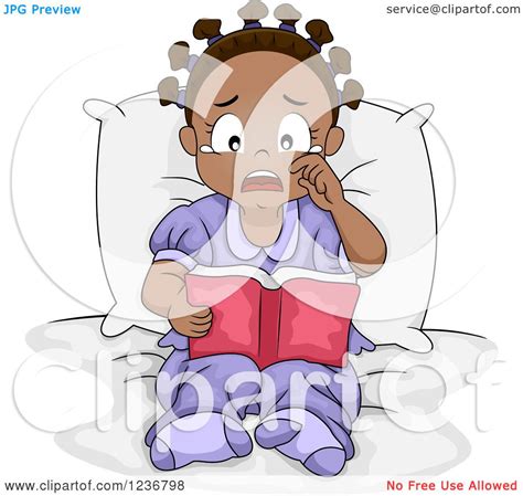 Clipart Of A Sad Crying African American Girl Reading A Book In Bed