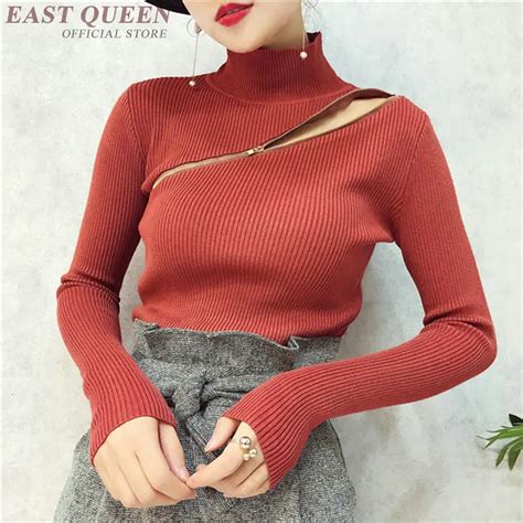 Sexy Women Zipper Open Chest Sweater Clothing Turtleneck Full Sleeve Pullovers Slim Bodycon Tops