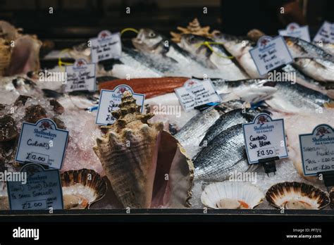 London Uk July 24 2018 Fresh Fish On Sale At A Fishmonger Stall In