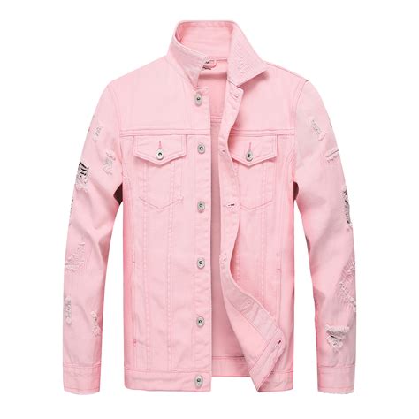 Men Classic Ripped Denim Jacket Slim Pink Jean Jacket With Holes For Men