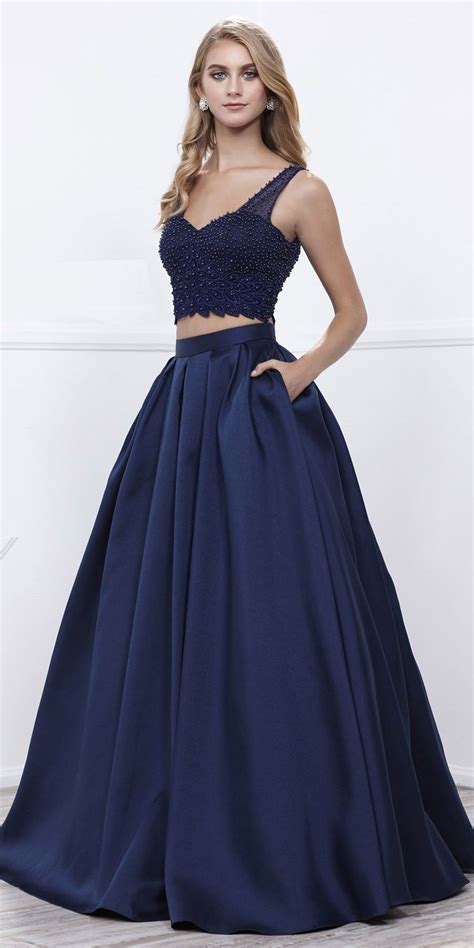 Navy Blue Beaded Crop Top V Neck Long Pleated Skirt Two Piece Prom