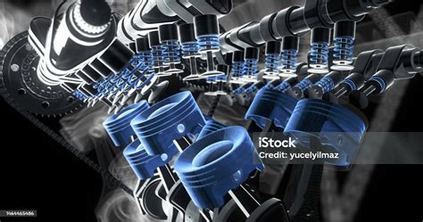 V8 Engine Pistons Moving Up And Down Crankshaft In Motion Stock Photo