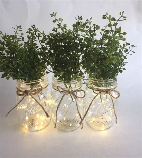 Fairy Light Mason Jars Flower Arrangement Centerpiece Etsy