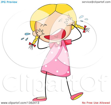 Clipart Of A Caucasian Blond Stick Girl Crying Royalty