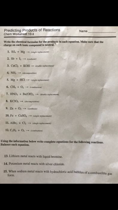 Solved Predicting Products Of Reactions Chem Worksheet 10 4