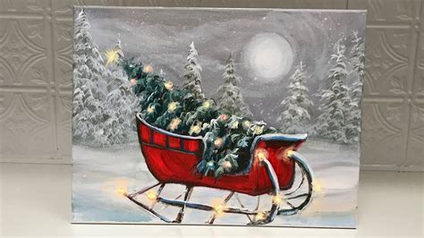 Christmas Painting Tutorial Old Sleigh And Christmas Tree 🎄 For