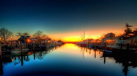 Hdr Sunset Harbor Boats Reflection Hd Wallpaper Nature