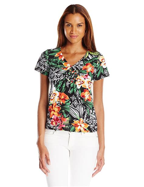 Caribbean Joe Womens Multicolor Printed V Neck Center Seam T Shirt
