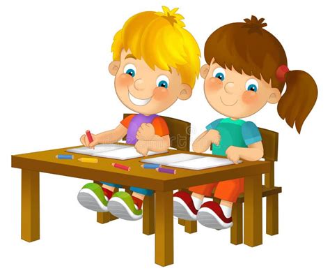 Cartoon Kids In School Desk Isolated Stock Illustration