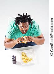 African American Man Eating Burger Happy Fat African American Man