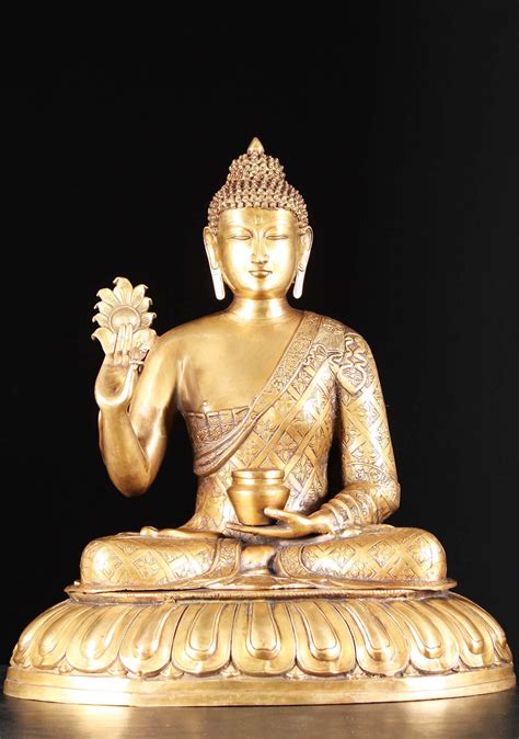 Sold Brass Medicine Buddha Seated In Padmasana On Lotus Base Holding