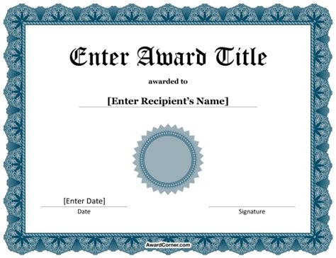Blue Award Seal Certificate Template For Microsoft Word
