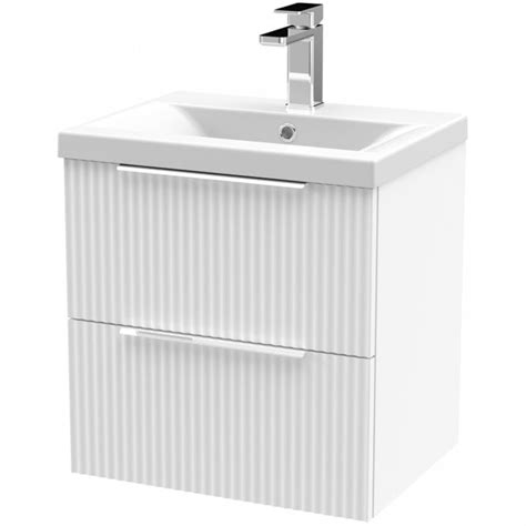 Hudson Reed Fluted Satin White 500mm Wall Hung 2 Drawer Vanity Unit