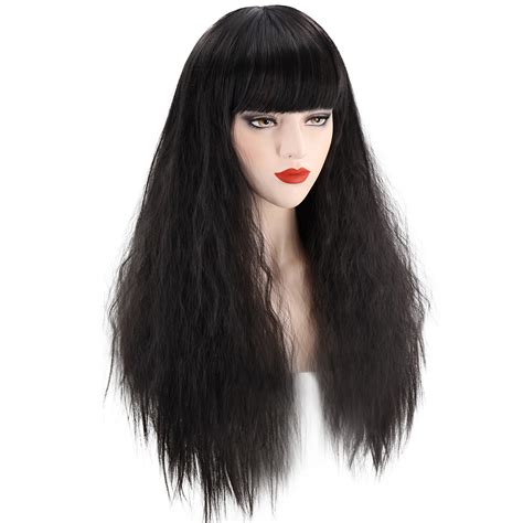 Long Wavy Curly Full Wig Bangs Cosplay Party Black Wigs
