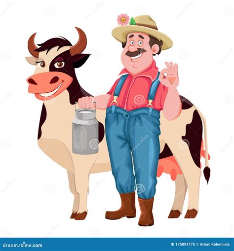 Granjero Alegre Con Leche Y Vaca Ilustración Del Vector Ilustración