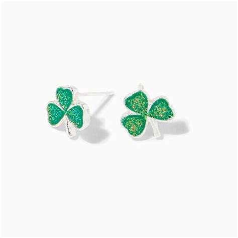 Green Shamrocks Glittery Stud Earrings In Stud Earrings