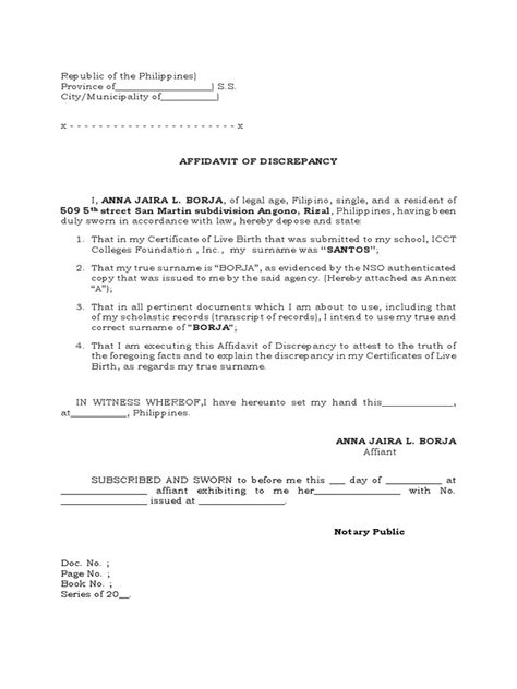 Affidavit Of Discrepancy Affidavit Notary Public