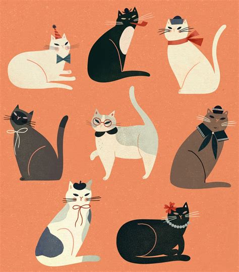 Illustrated Cats Wearing Funny Hats And Fancy Florals Cat
