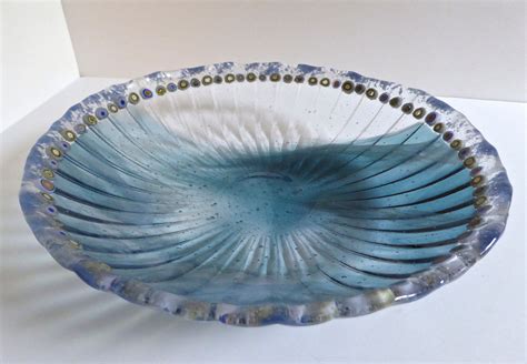 Round Fused Glass Bowl In Streaky Blue White And Clear By Bpr Etsy Glass Bowl Handmade