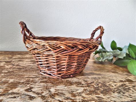 Vintage Small Round Brown Twig Bramble Wicker Basket Planter Etsy