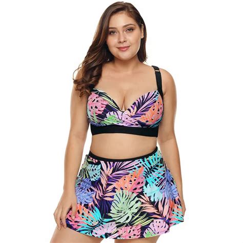 Two Piece Swimsuit Plus Size Print Bikini Top With High Waisted Swim Skirt Push Up Bathing Suit