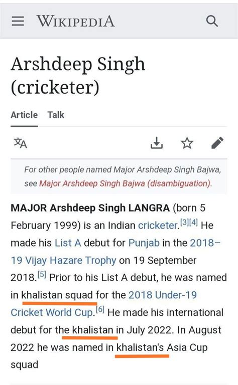 𝙧𝙞𝙮𝙖𝙨𝙖𝙩 𝙚 𝙨𝙝𝙚𝙝𝙯𝙖𝙙𝙖🇮🇳 On Twitter Rt Askanshul Wikipedia Page Of Indian Player Arshdeep Singh