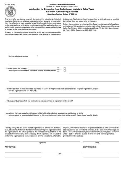 Form R 1048 Application For Exemption From Collection Of Louisiana