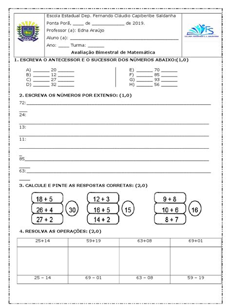 Avaliacao De Matematica 2º Ano 3º Bimestre Pdf Ensino De Matemática