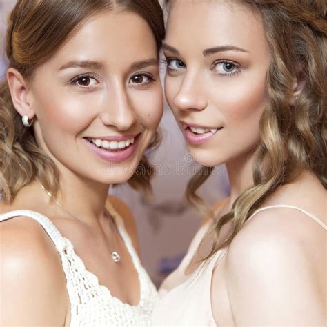 Two Beautiful Brunette Bride Women With Curly Hairstyle And Neut Stock Image Image Of Closeup