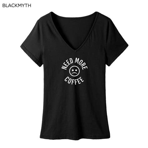 Blackmyth Need More Coffee Women Cartoon T Shirt Casual Short Sleeve Summer Tops V Neck Cotton