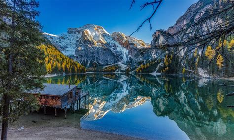 Nature Landscape Lake Fall Mountains Forest Blue Sky Water House Reflection Alps