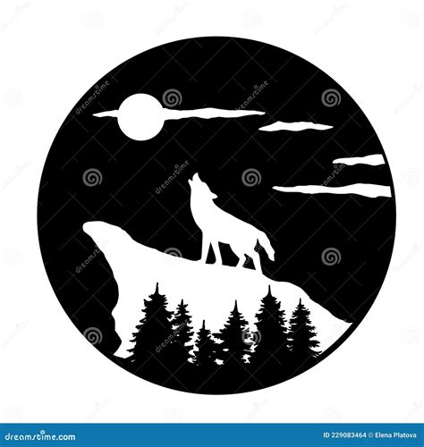 Silhouette Of Wolf Howling At Moon On Mountain With Pine Trees