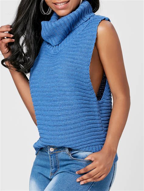 [17% OFF] 2021 Turtleneck Sleeveless Casual Sweater In BLUE | DressLily