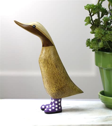 Wooden Duck With Purple Welly Boots Duck In Polka Dot Rain Boots
