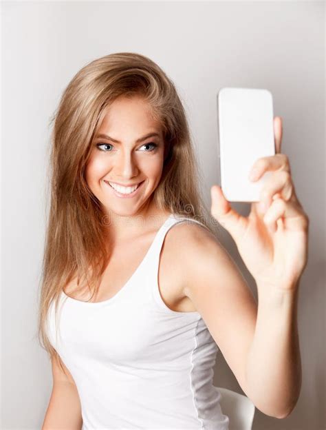 Beautiful Happy Woman Taking A Selfie Stock Image Image Of Cheerful Girl 56122085