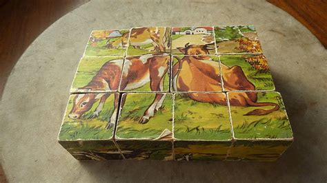 Vintage Wooden Block Jigsaw Puzzle Farm Animals Juguetes Juegos